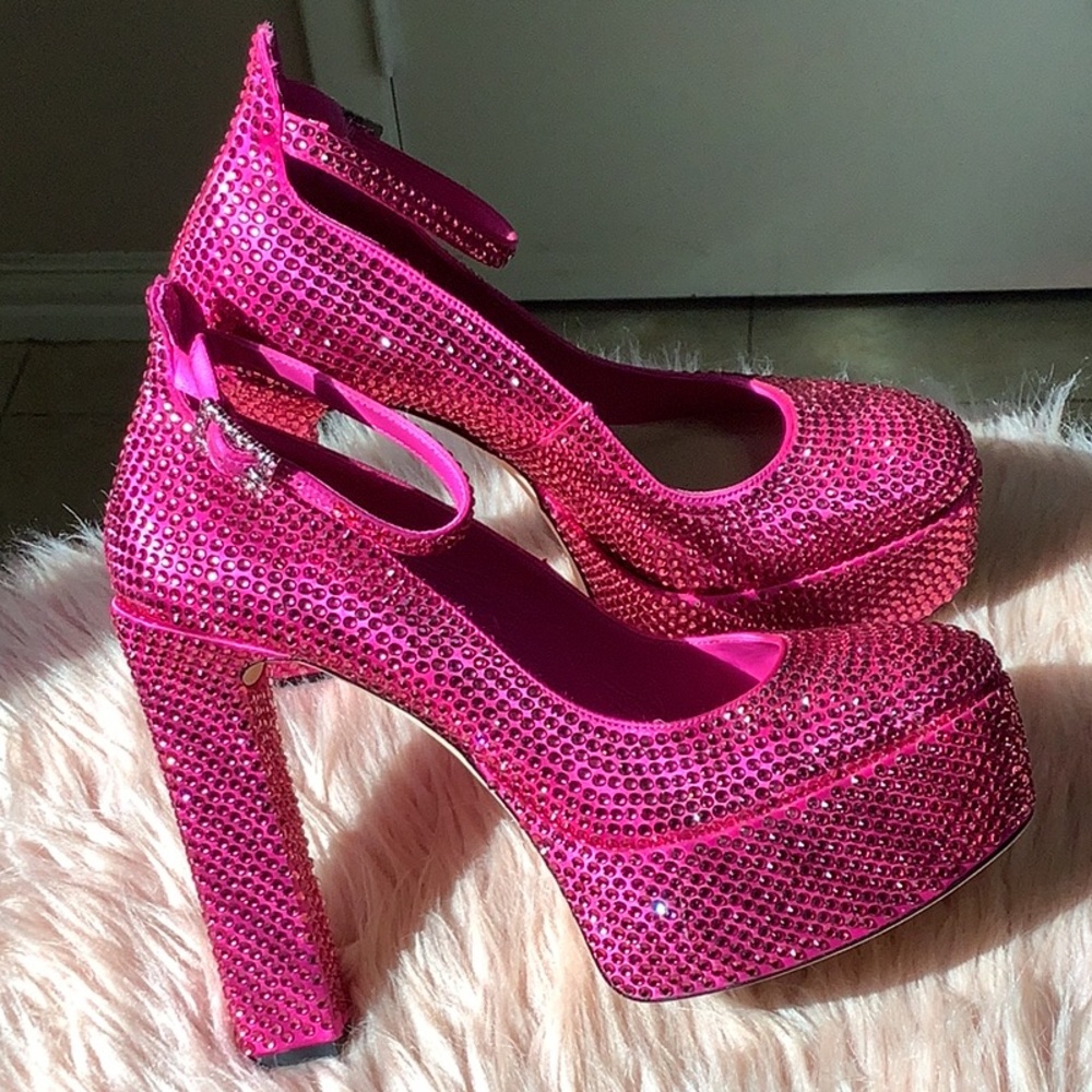 Antonio Melani Women Pink Rhinestone Breast Cancer Awareness Platform Heels